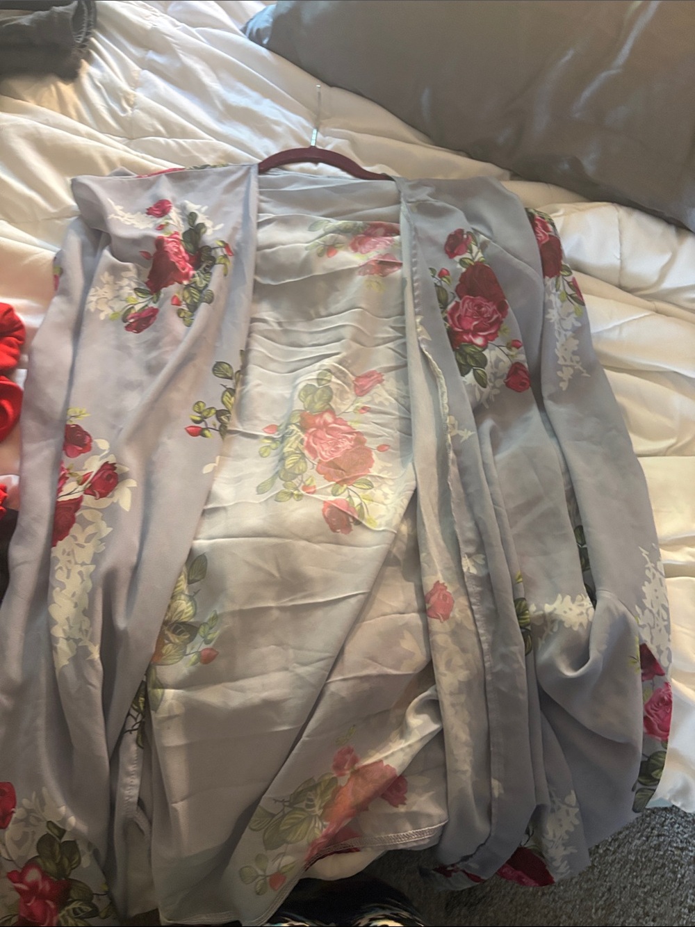 Floral Satin Robe - Light Gray with Rose Print